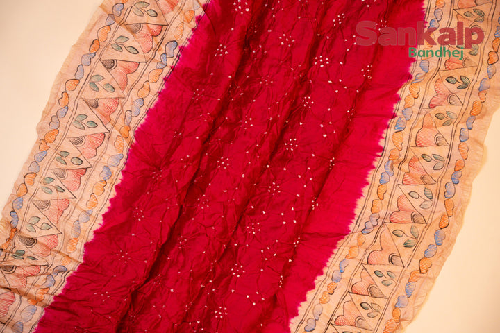 Pink Pure Chiniya Silk Madhubani Rai Bandhej Saree