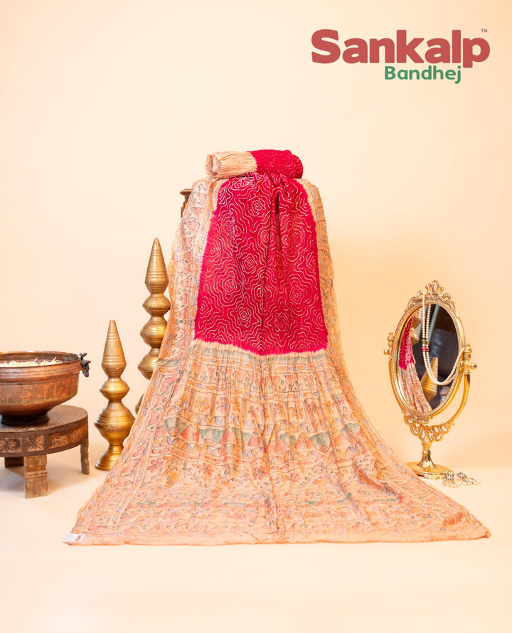 Pink Pure Chiniya Silk Madhubani Rai Bandhej Saree