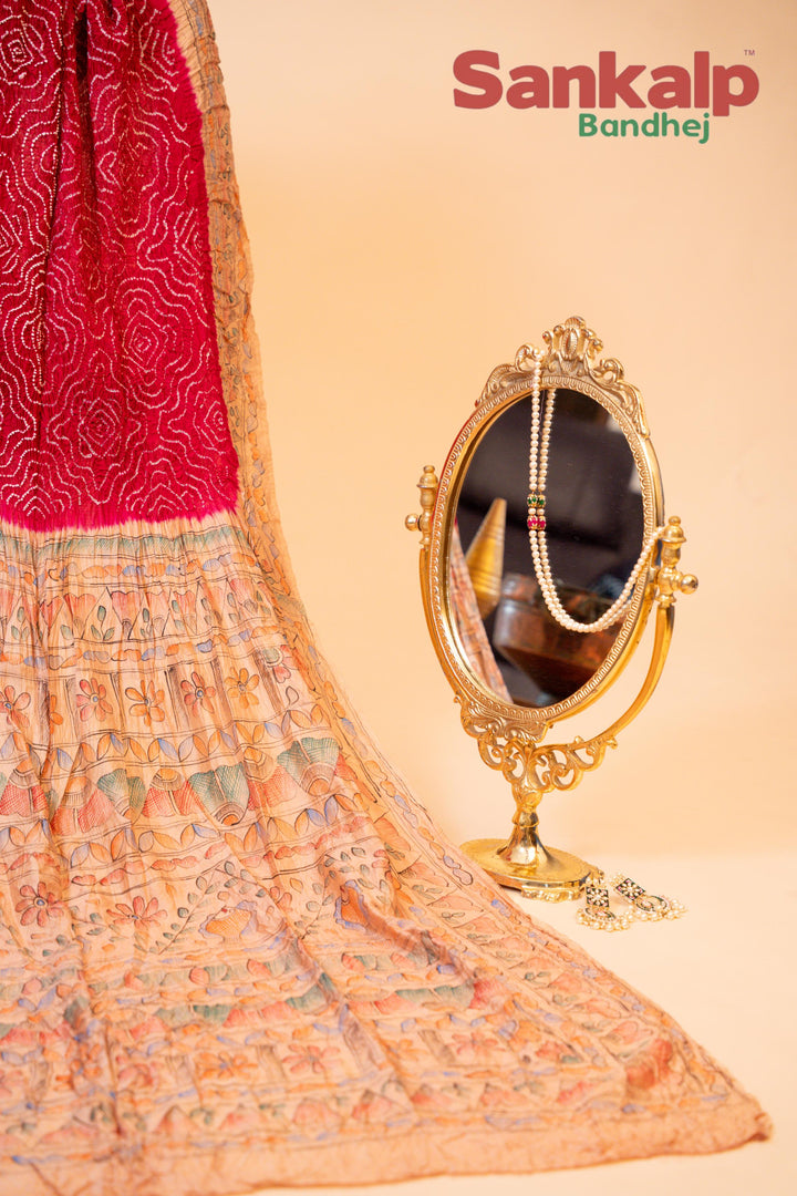 Pink Pure Chiniya Silk Madhubani Rai Bandhej Saree