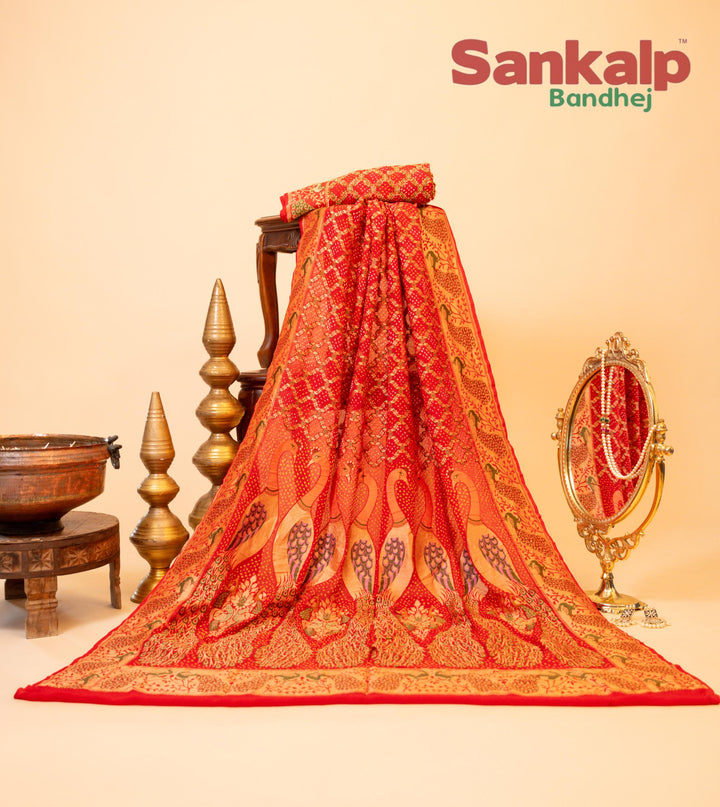 Pink Pure Banarasi Georgette Bharti Bandhej Saree With Neem Zari