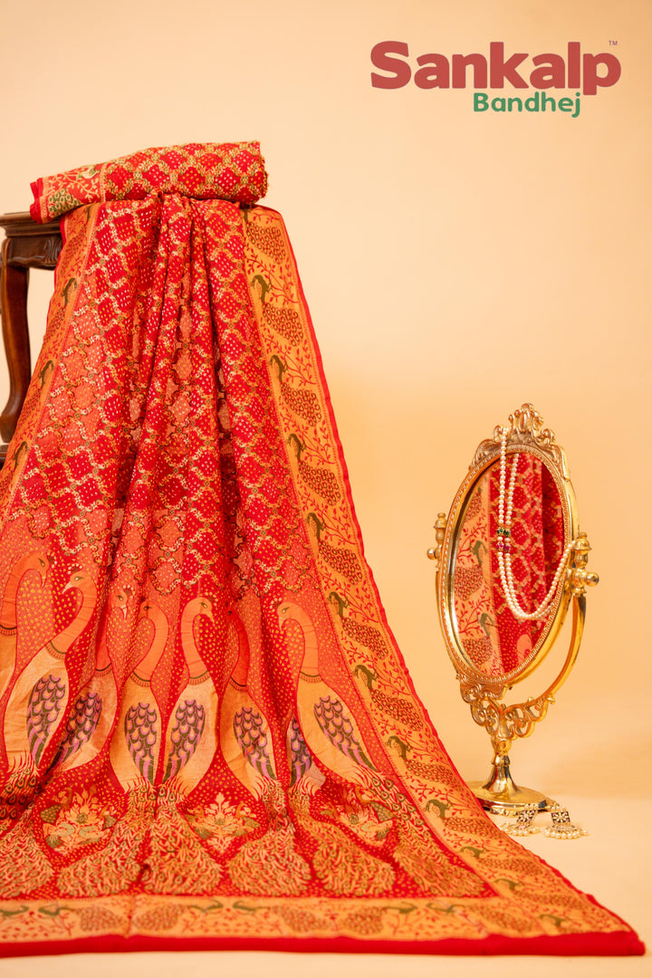 Pink Pure Banarasi Georgette Bharti Bandhej Saree With Neem Zari