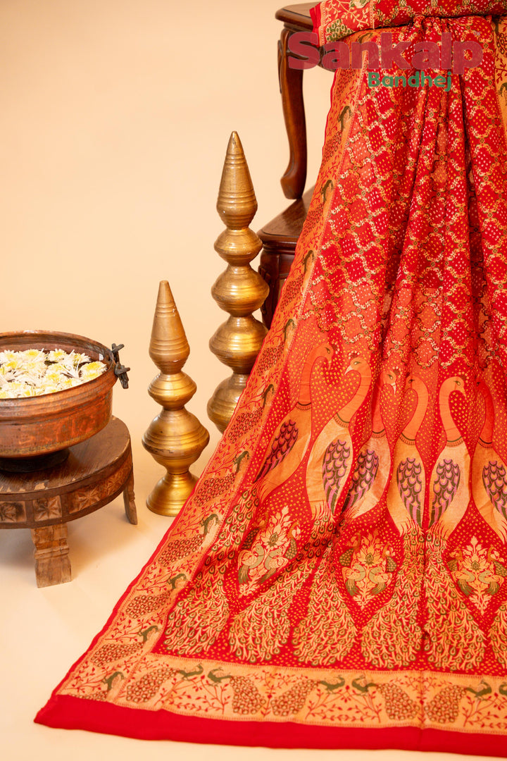 Pink Pure Banarasi Georgette Bharti Bandhej Saree With Neem Zari