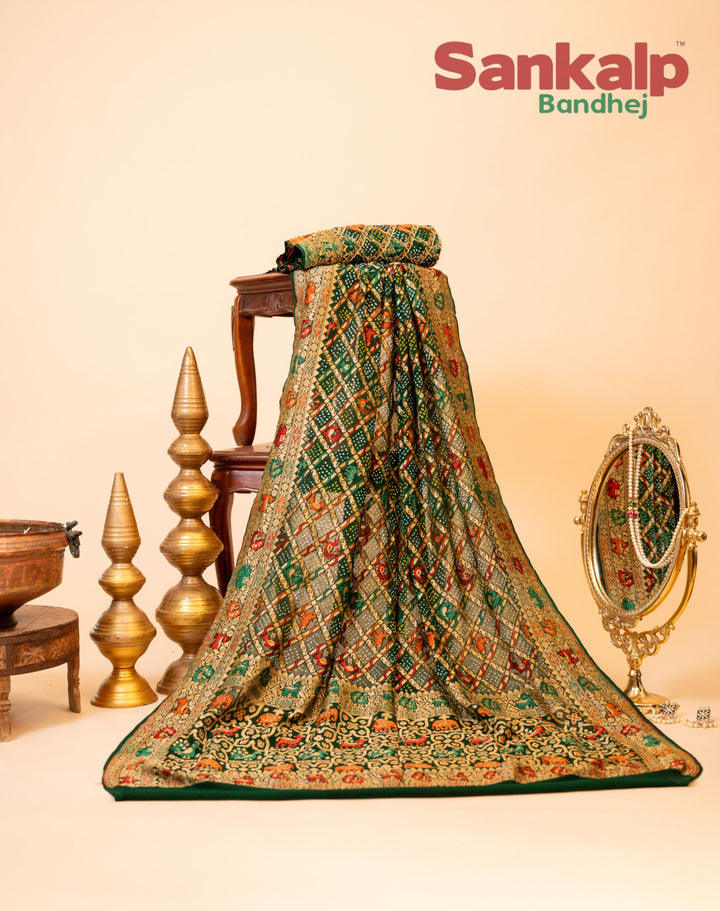 Green Pure Banarasi Georgette Bandhej Saree With Neem Work