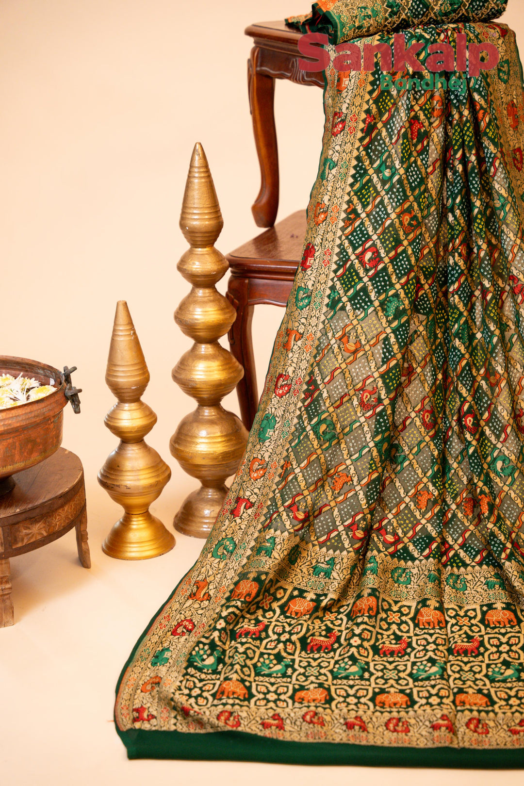 Green Pure Banarasi Georgette Bandhej Saree With Neem Work