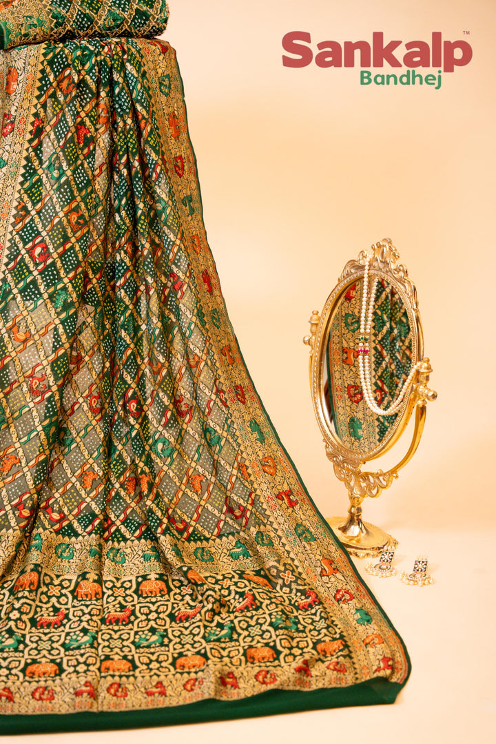 Green Pure Banarasi Georgette Bandhej Saree With Neem Work