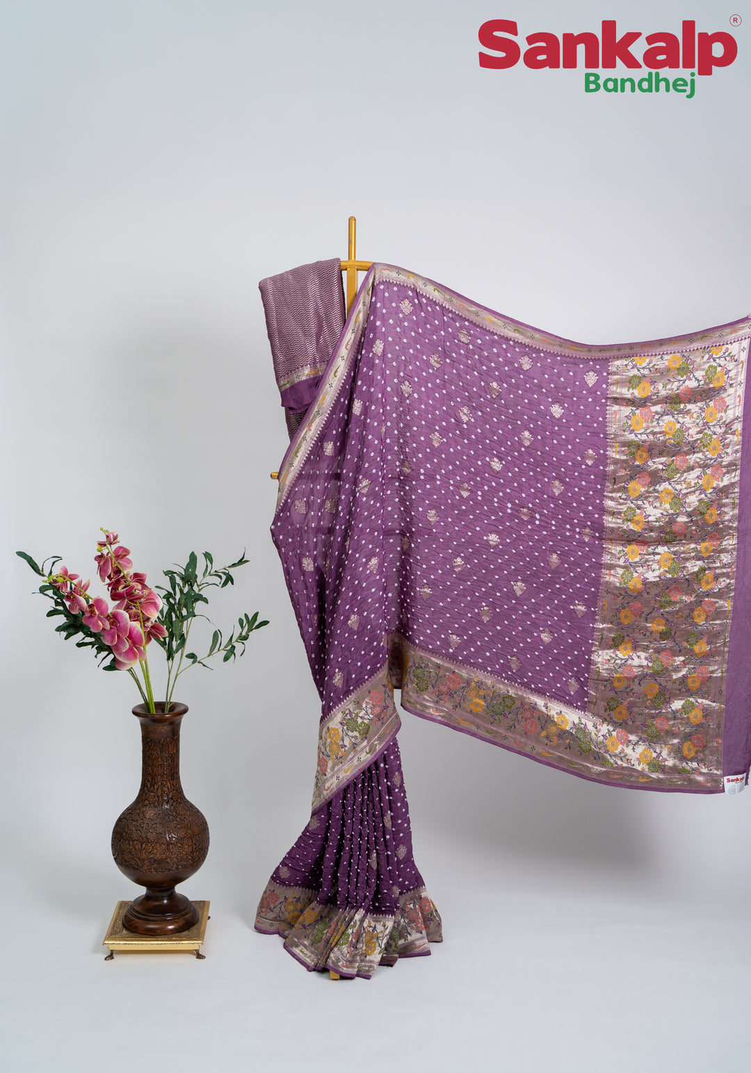 Wine (Onion) Bandhani Tussar Silk Saree