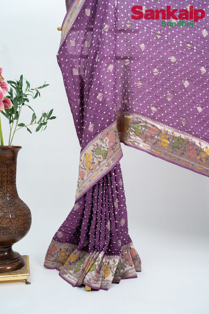 Wine (Onion) Bandhani Tussar Silk Saree