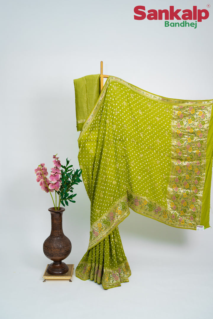 Mehendi Green Bandhani Tussar Silk Saree