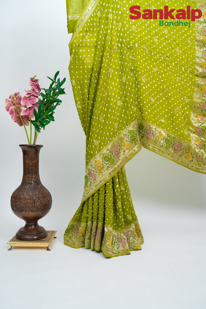 Mehendi Green Bandhani Tussar Silk Saree
