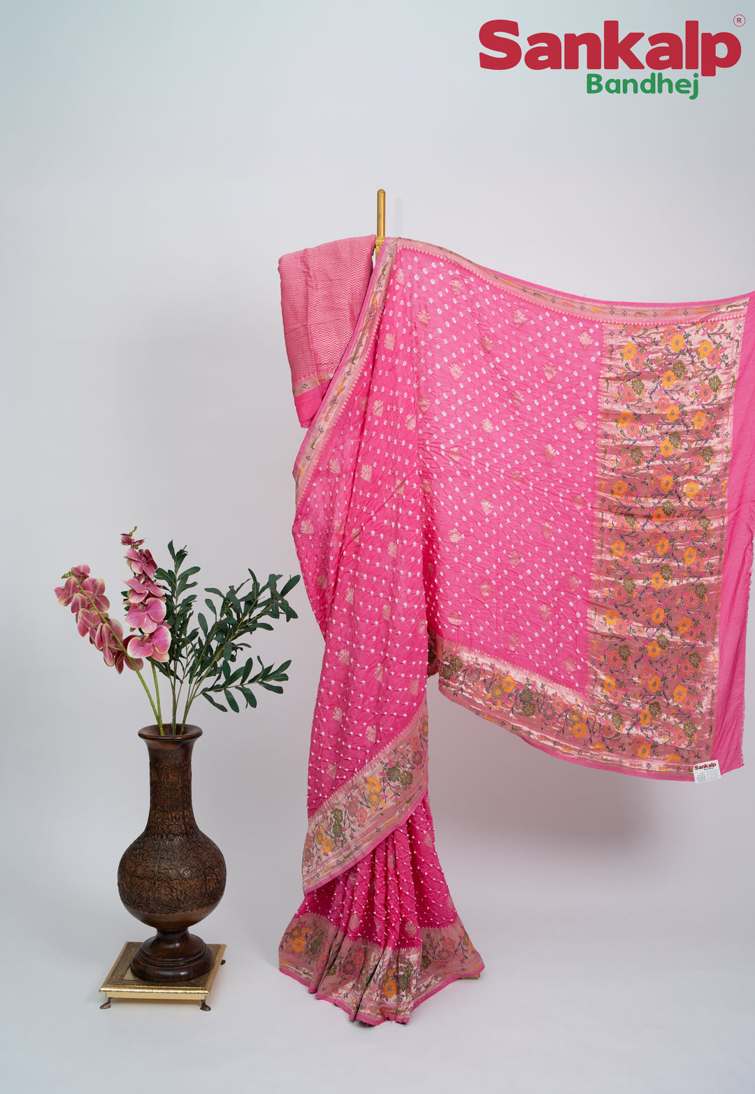 Light Pink Bandhani Tussar Silk Saree