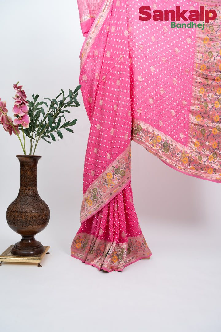 Light Pink Bandhani Tussar Silk Saree