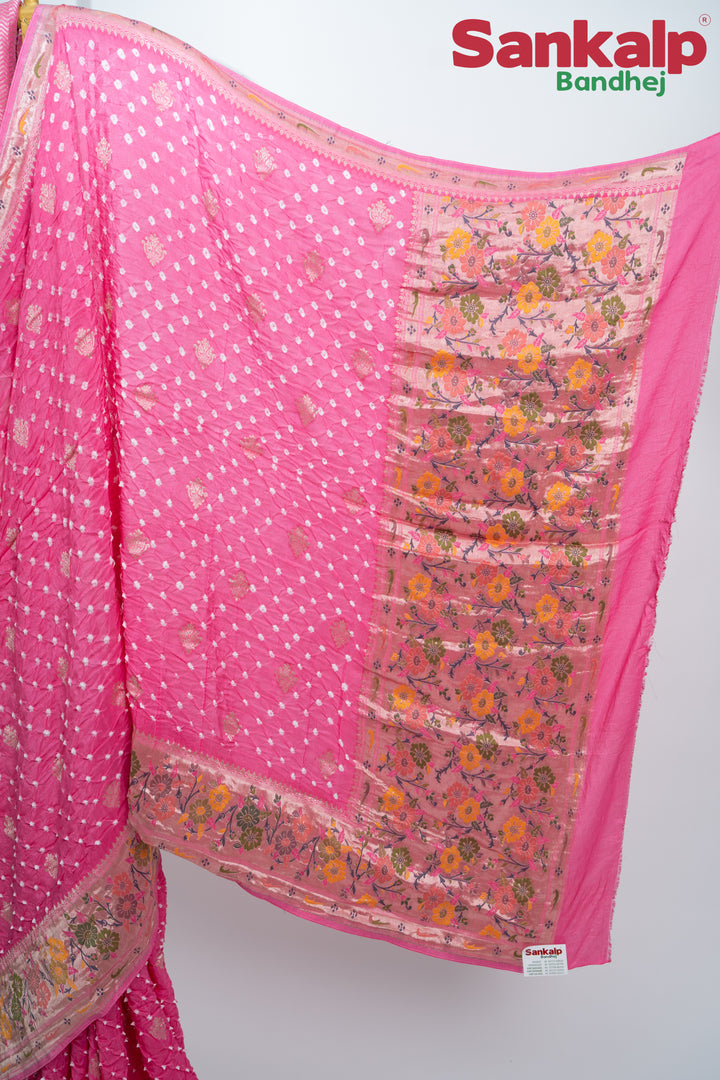 Light Pink Bandhani Tussar Silk Saree