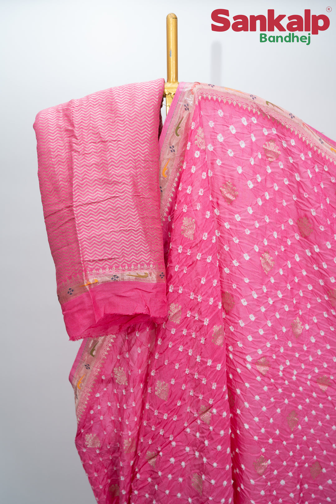 Light Pink Bandhani Tussar Silk Saree