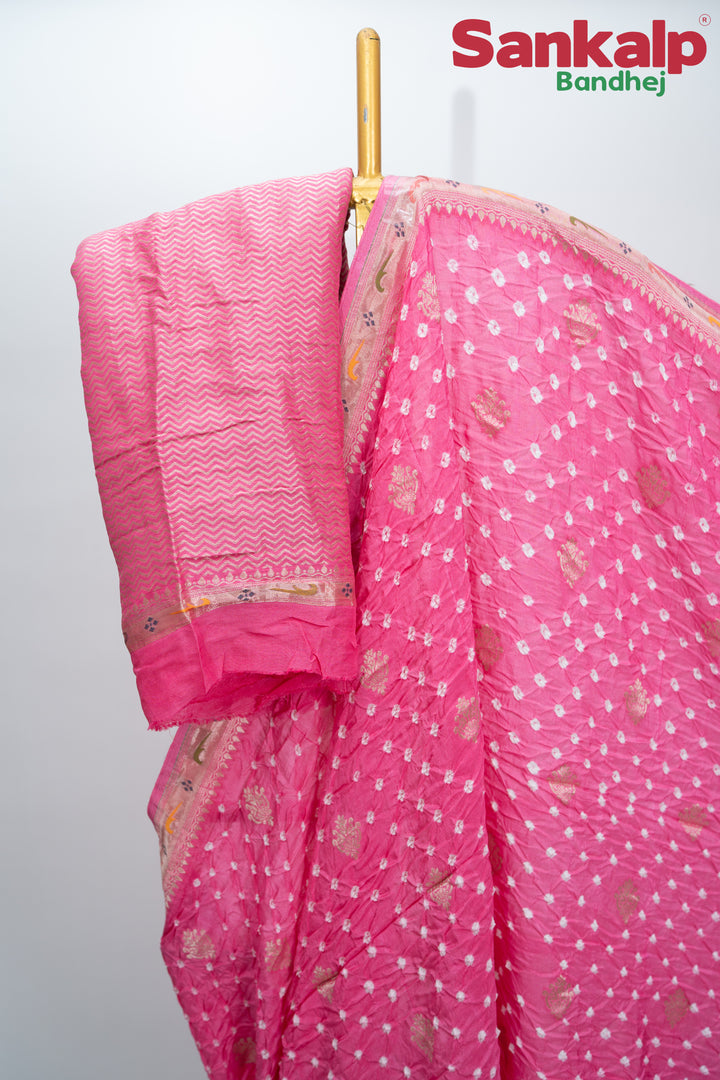 Light Pink Bandhani Tussar Silk Saree