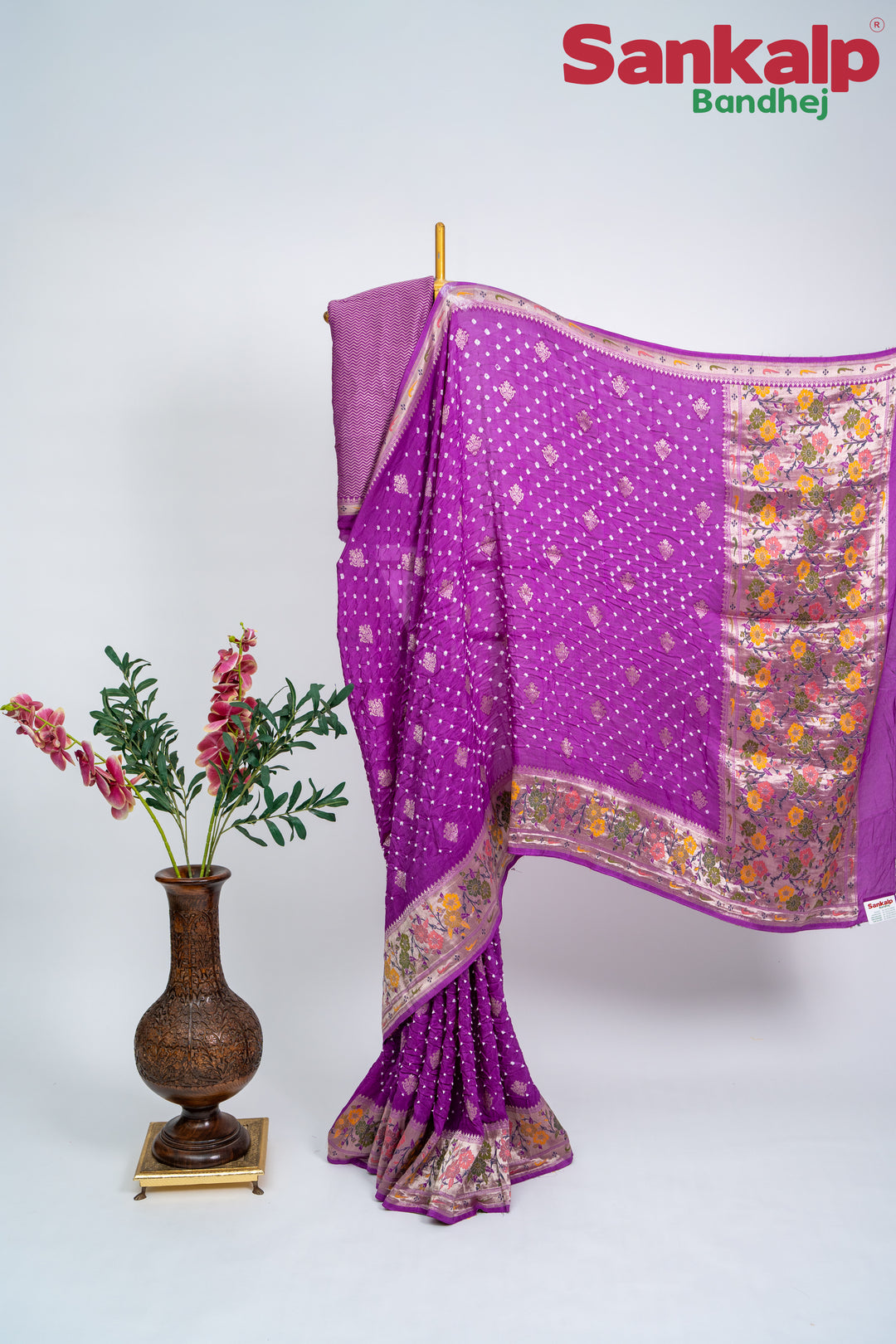 Light Magenta Bandhani Tussar Silk Saree