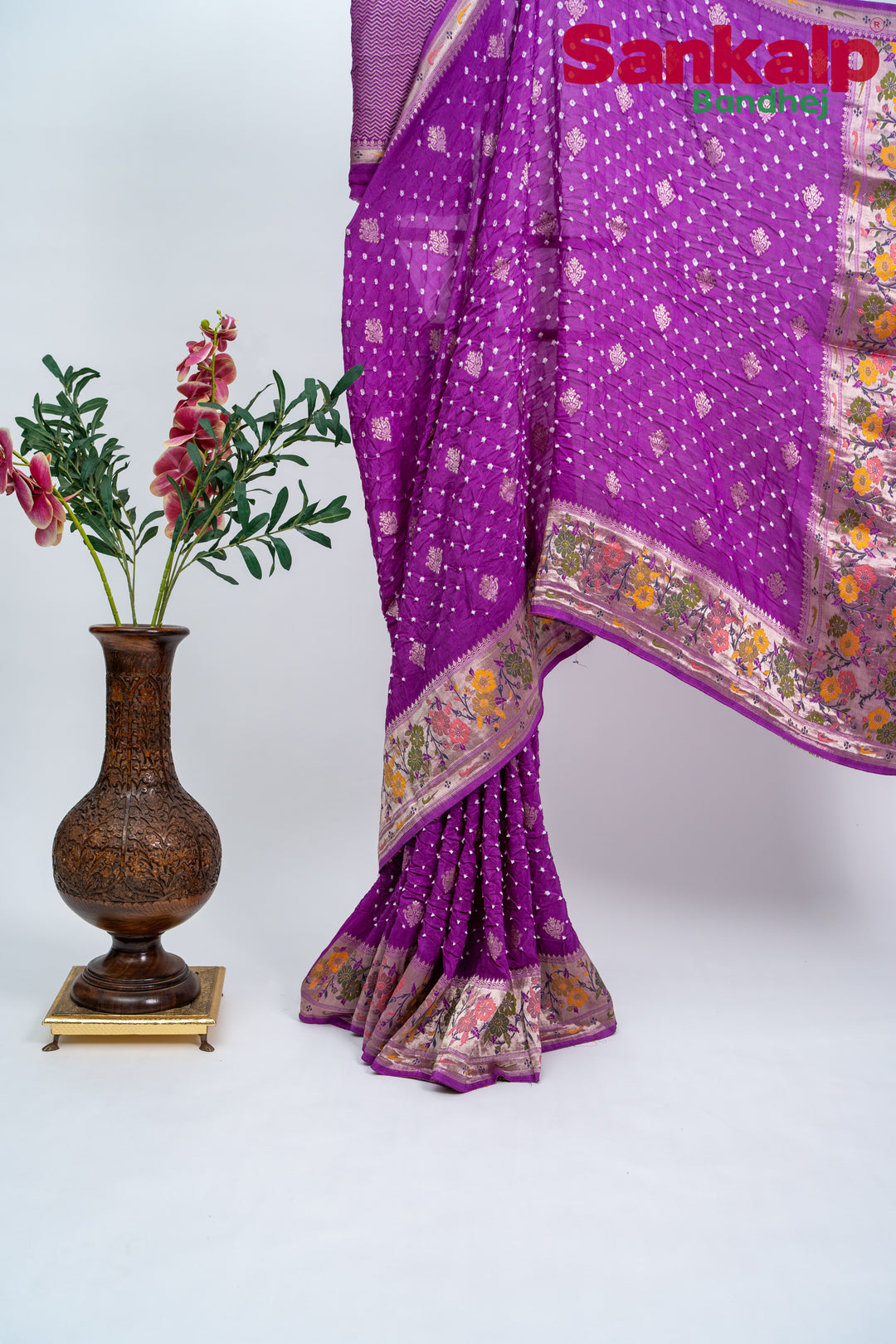 Light Magenta Bandhani Tussar Silk Saree