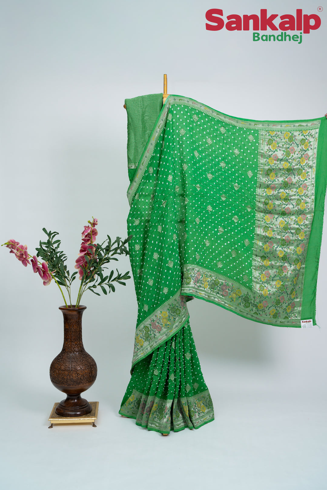 Light Sea Green Bandhani Tussar Silk Saree