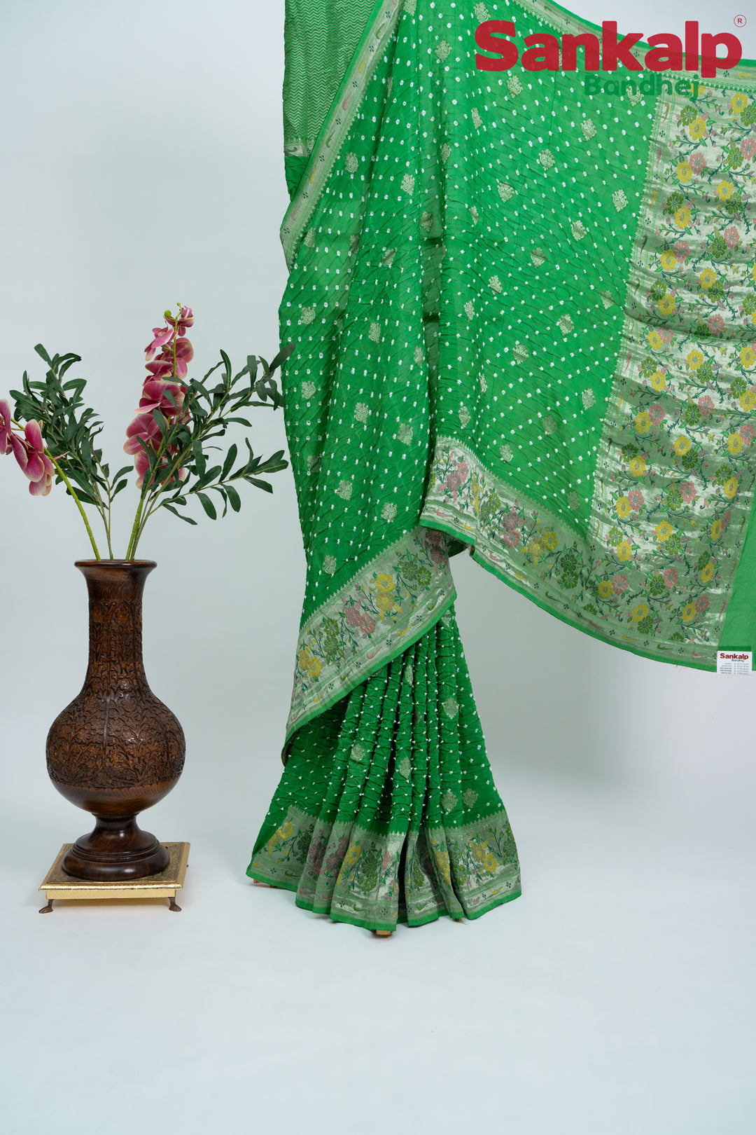 Light Sea Green Bandhani Tussar Silk Saree