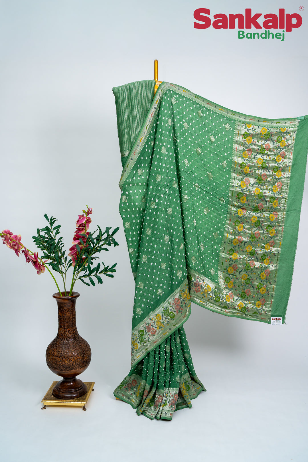 Pista Bandhani Tussar Silk Saree