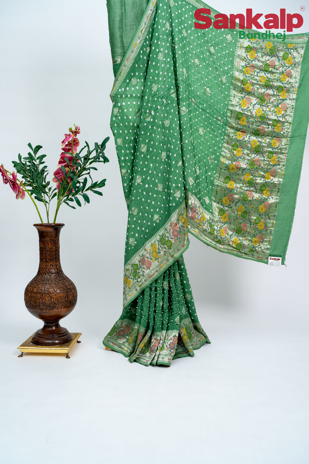 Pista Bandhani Tussar Silk Saree