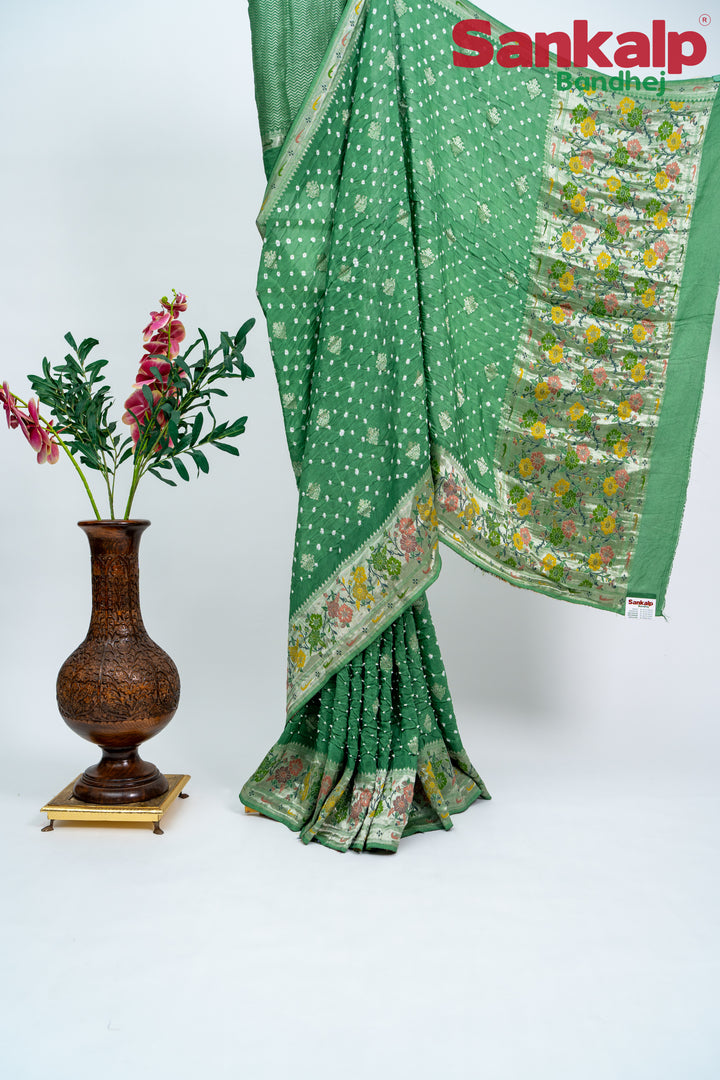 Pista Bandhani Tussar Silk Saree