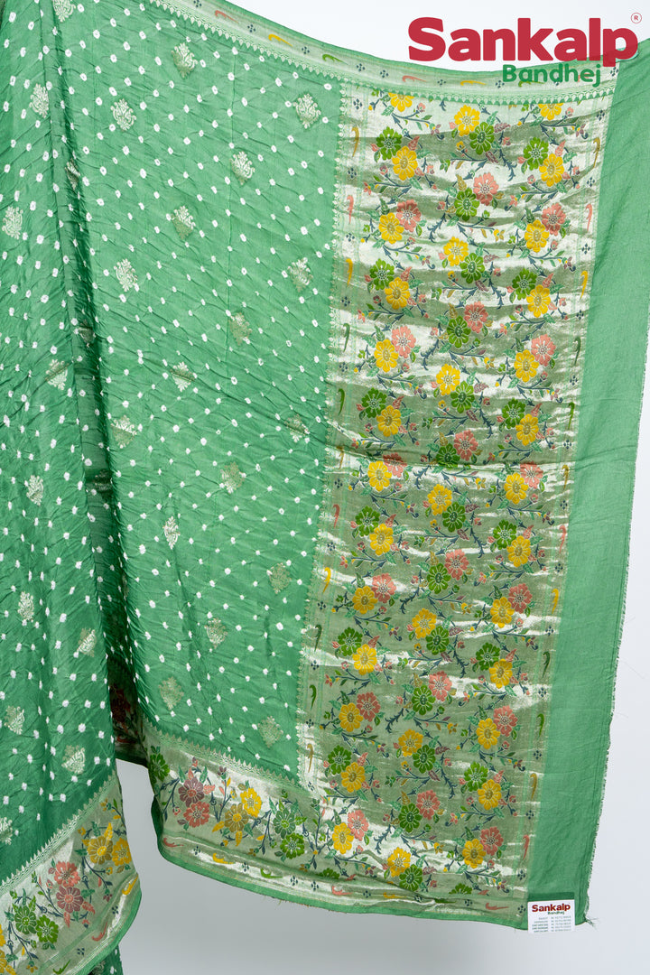 Pista Bandhani Tussar Silk Saree