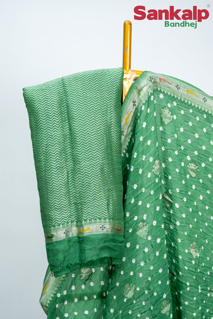 Pista Bandhani Tussar Silk Saree
