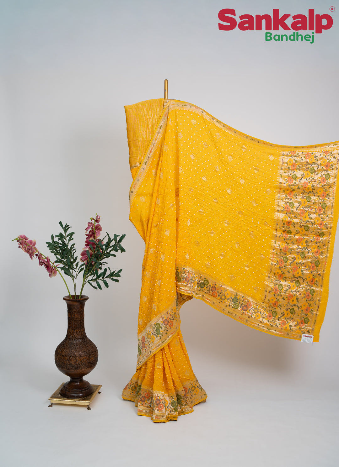 Golden Yellow Bandhani Tussar Silk Saree