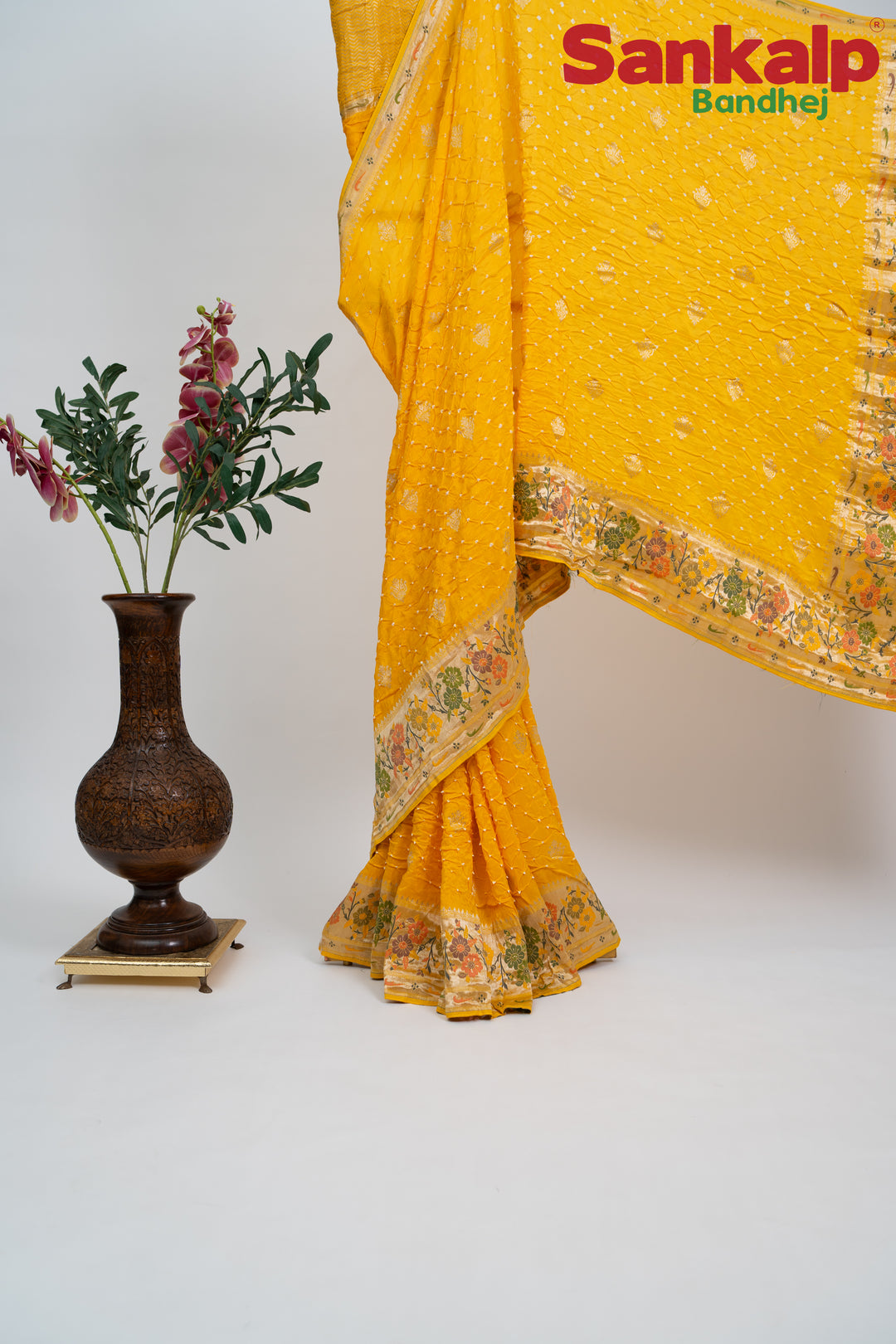 Golden Yellow Bandhani Tussar Silk Saree