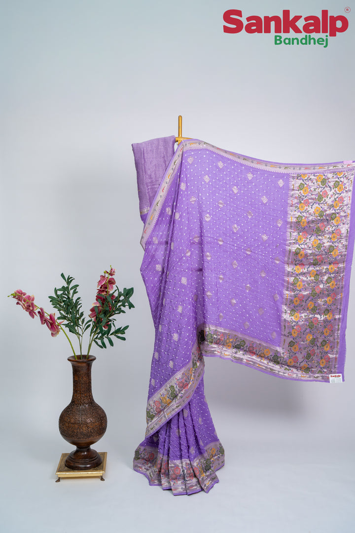 Lavender Bandhani Tussar Silk Saree