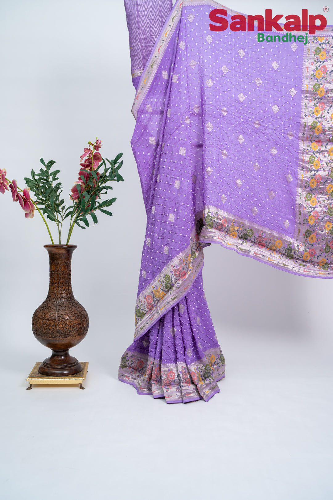 Lavender Bandhani Tussar Silk Saree