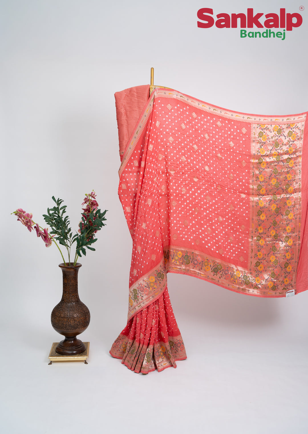 Peach Pink Bandhani Tussar Silk Saree