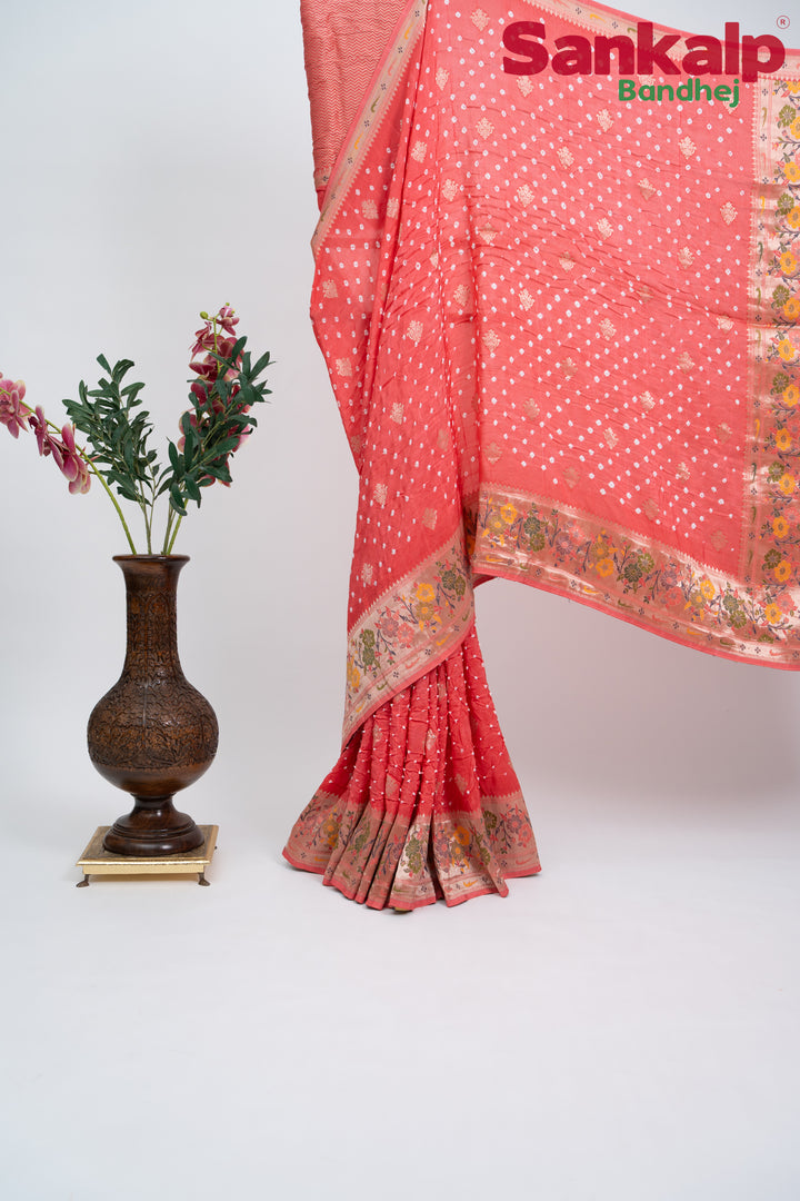 Peach Pink Bandhani Tussar Silk Saree