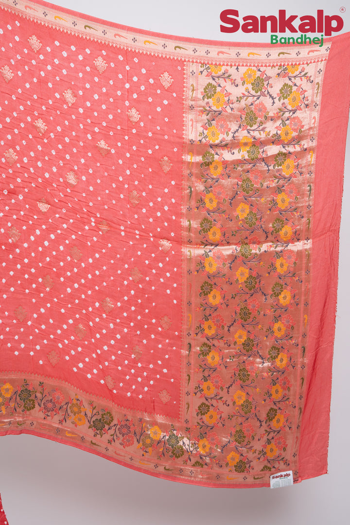 Peach Pink Bandhani Tussar Silk Saree
