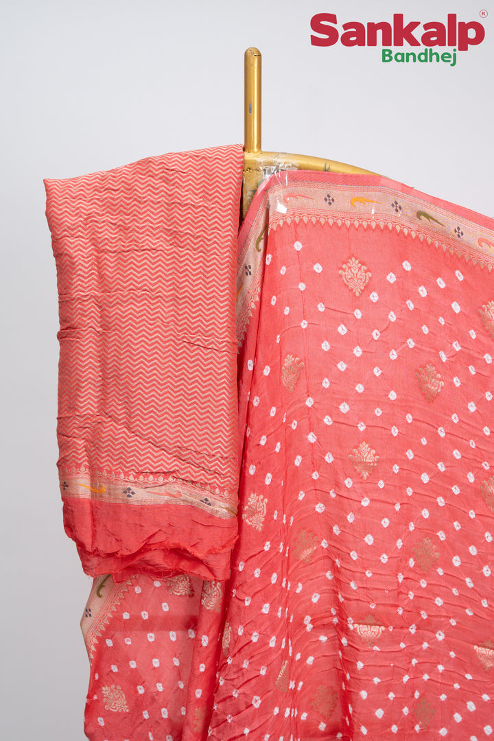Peach Pink Bandhani Tussar Silk Saree