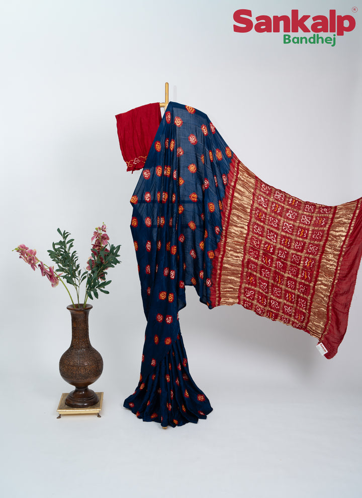Red Indigo Gulti Gaji Silk Bandhani Saree