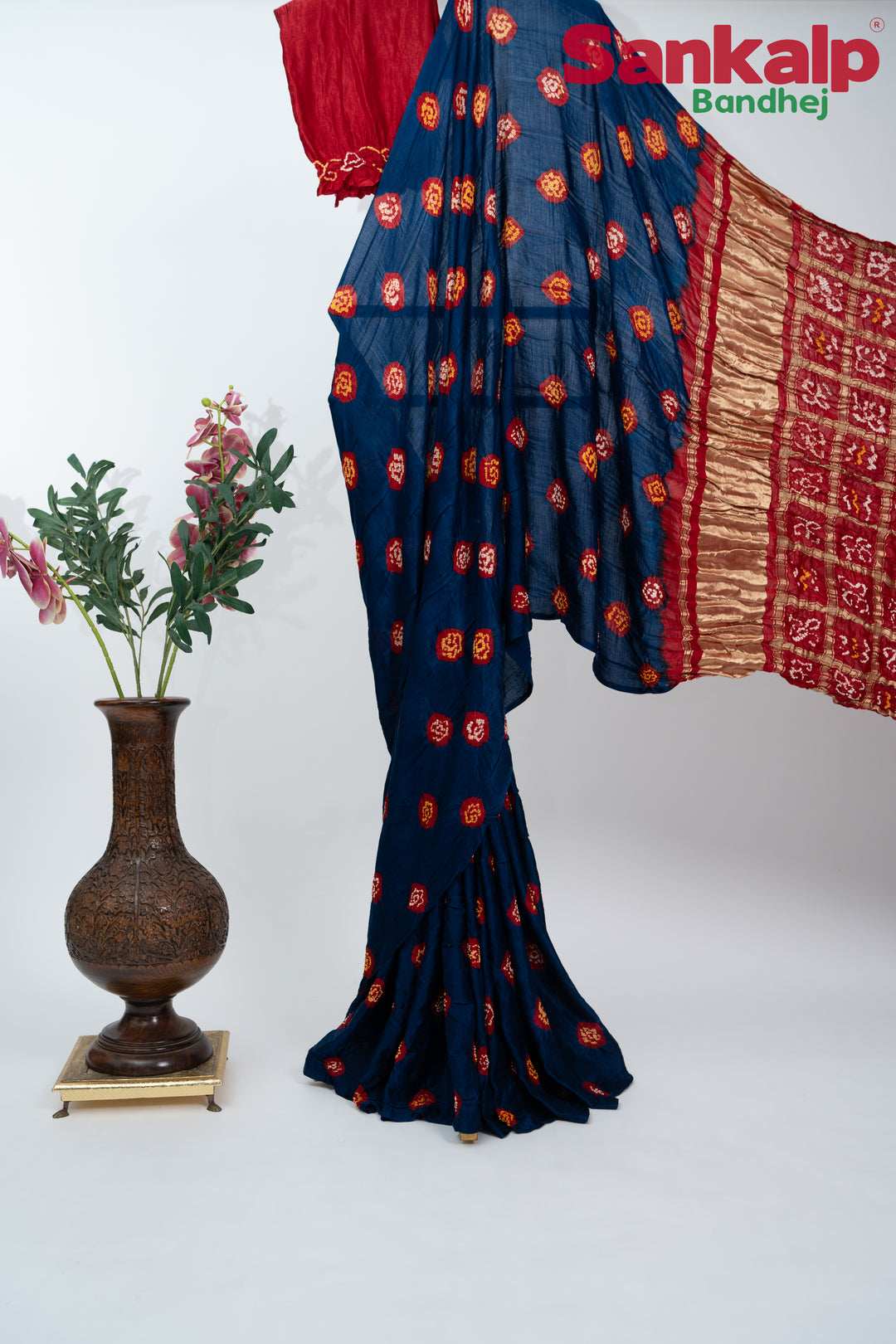 Red Indigo Gulti Gaji Silk Bandhani Saree