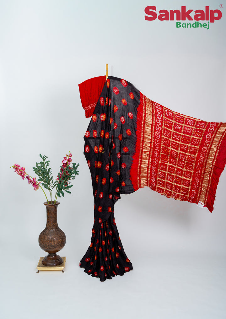 Black And Red Gulti Gaji Silk Bandhani Saree