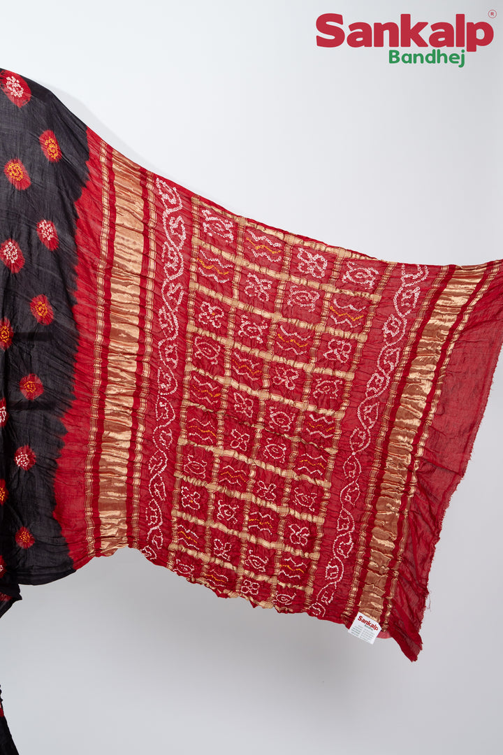 Black And Red Gulti Gaji Silk Bandhani Saree