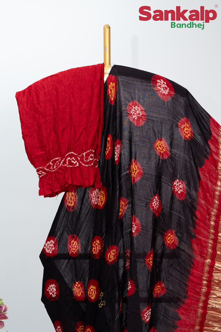 Black And Red Gulti Gaji Silk Bandhani Saree