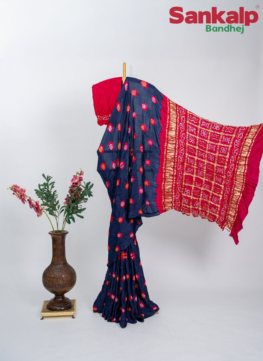 Rani Indigo Gulti Gaji Silk Bandhani Saree