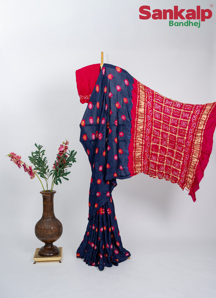 Rani Indigo Gulti Gaji Silk Bandhani Saree