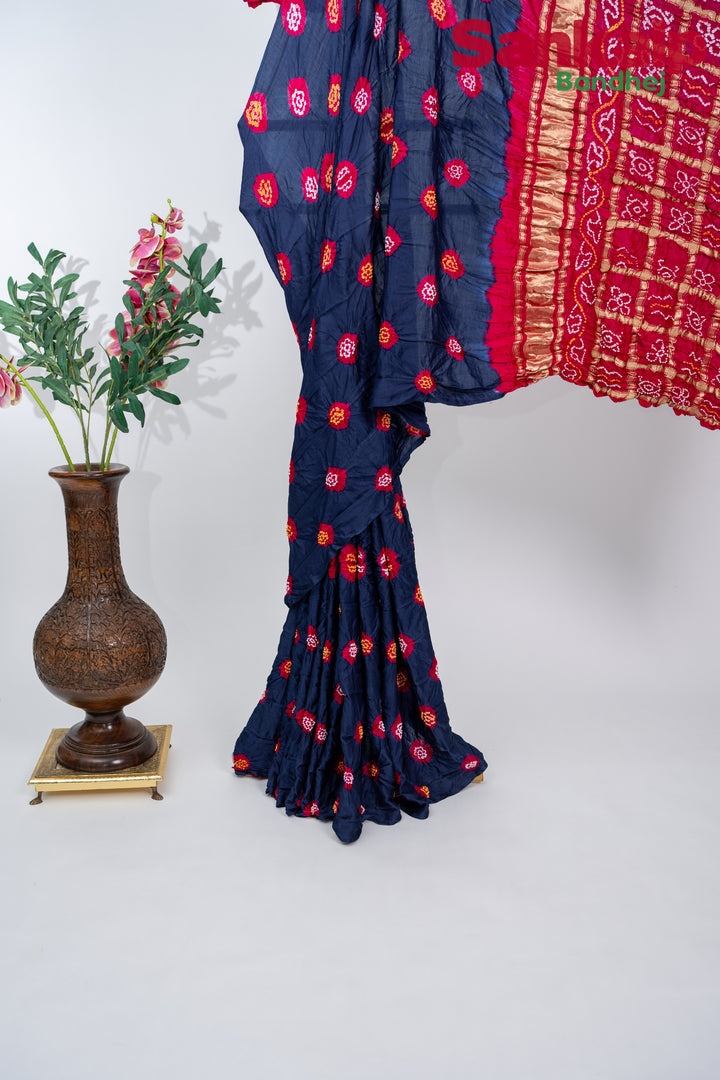 Rani Indigo Gulti Gaji Silk Bandhani Saree