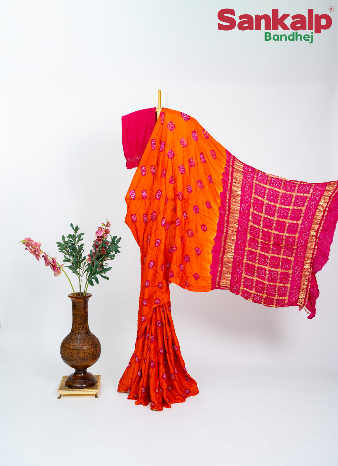 Rani Orange Gulti Gaji Silk Bandhani Saree