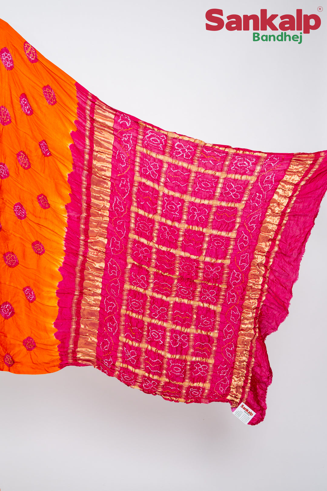 Rani Orange Gulti Gaji Silk Bandhani Saree
