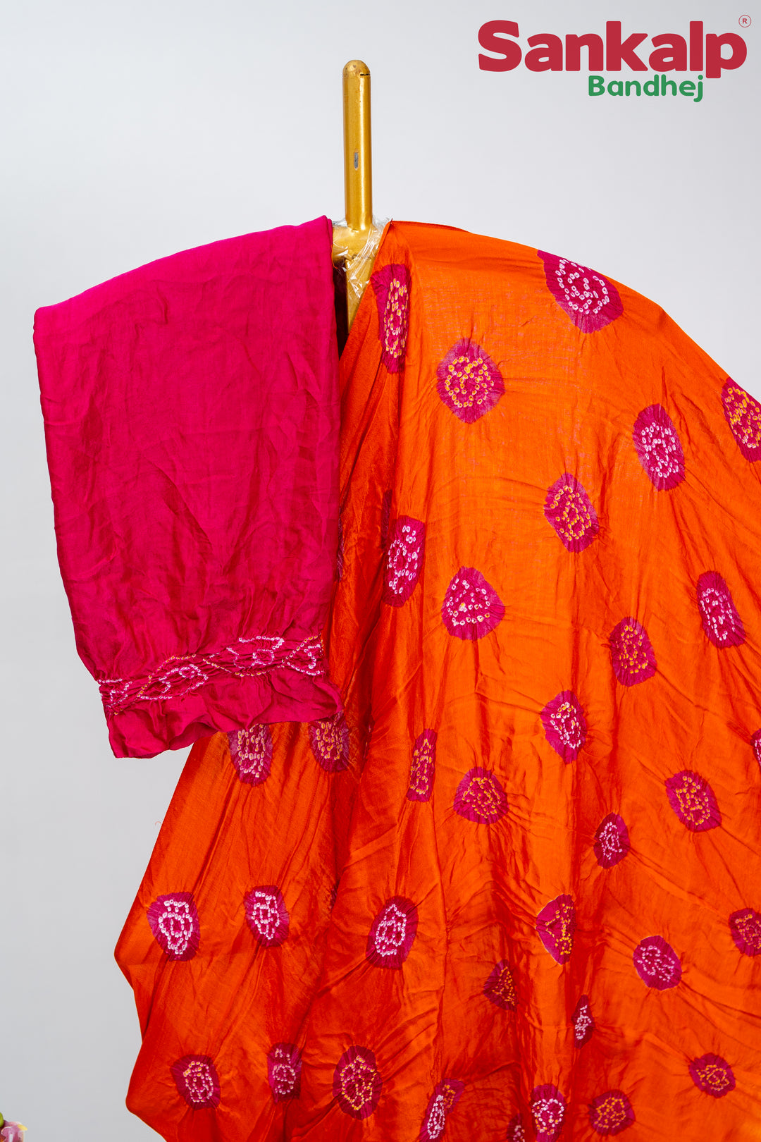 Rani Orange Gulti Gaji Silk Bandhani Saree