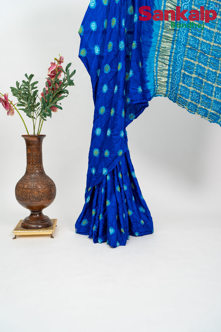Royal Blue And Sky Blue Gulti Gaji Silk Bandhani Saree