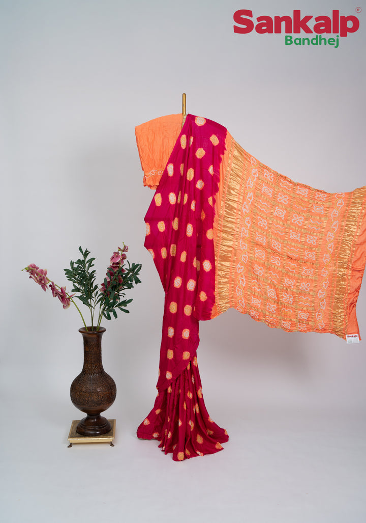 Peach Strawberry Gulti Gaji Silk Bandhani Saree