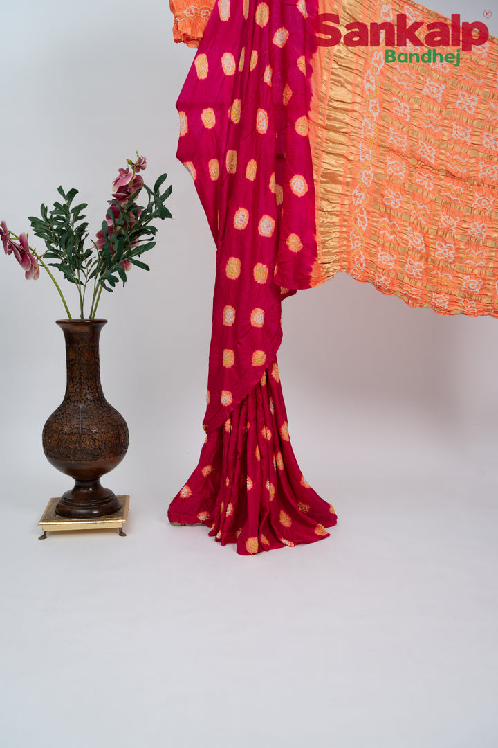 Peach Strawberry Gulti Gaji Silk Bandhani Saree