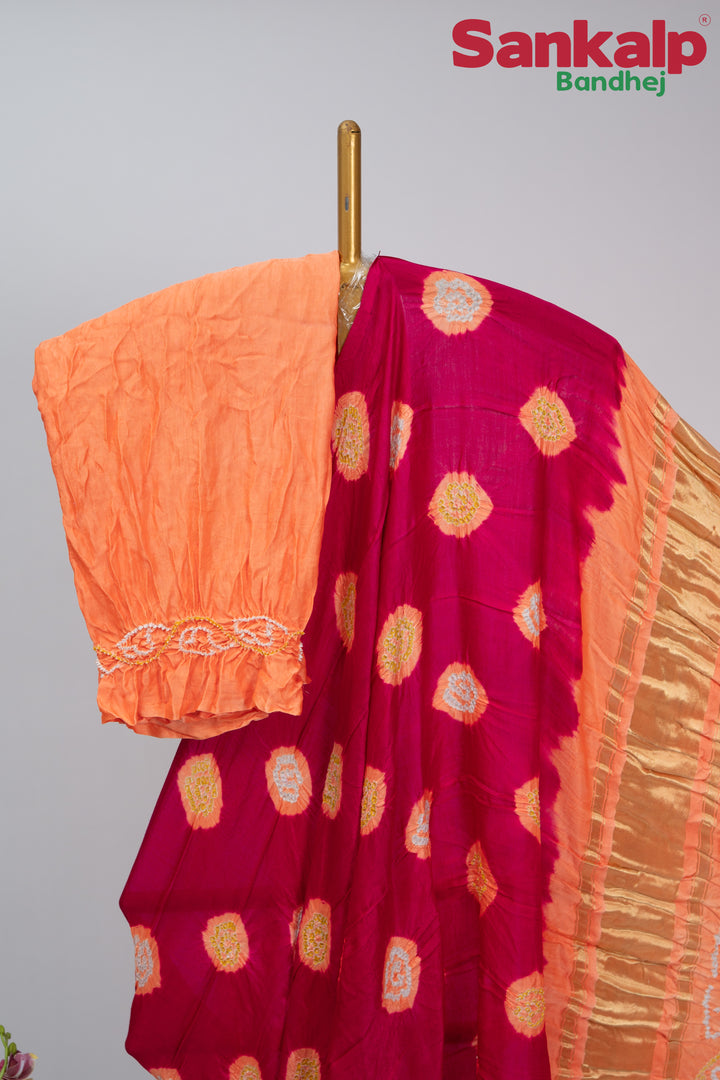 Peach Strawberry Gulti Gaji Silk Bandhani Saree